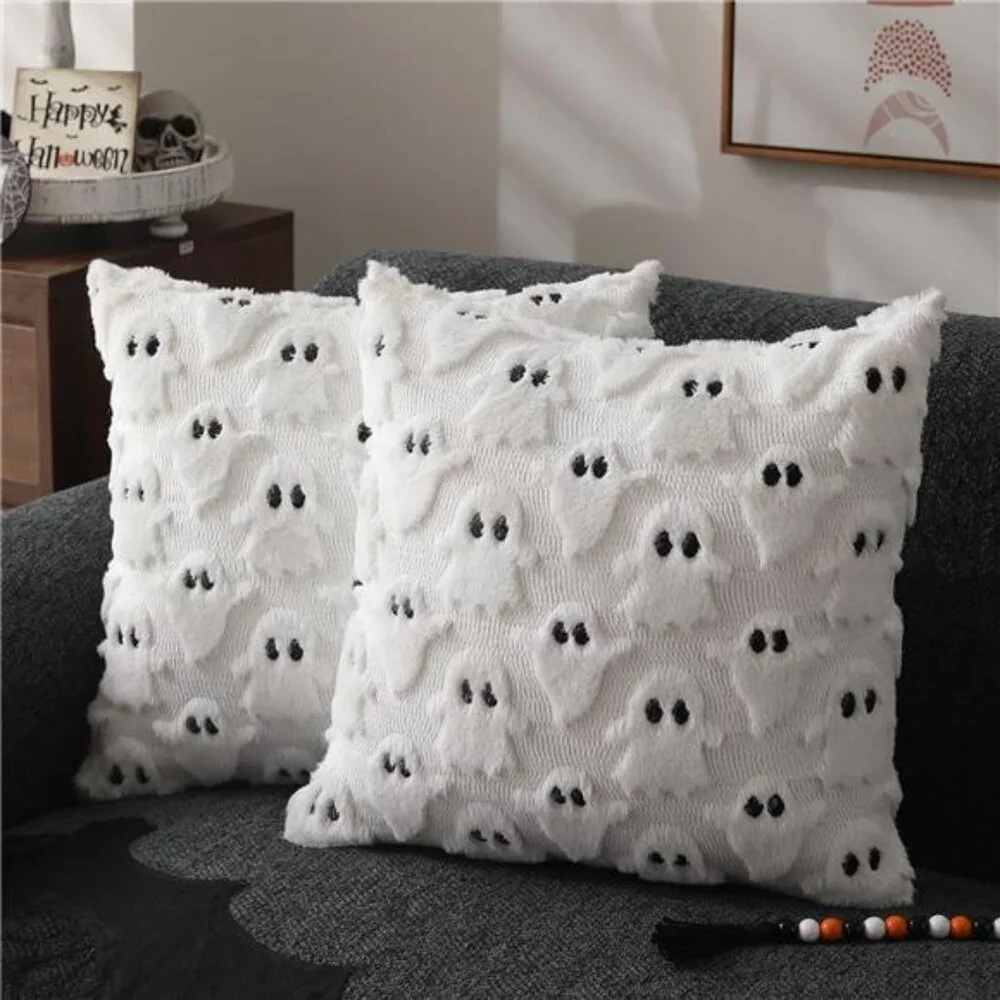Set of 2 Halloween Ghost Pillow Covers - 18x18 Inch Soft Plush‎ Faux Fur Cushion